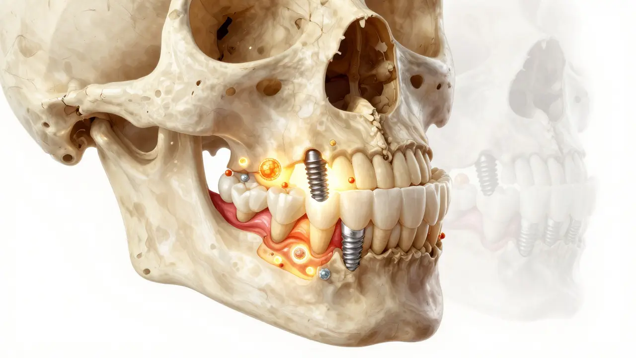 Regenerace kosti kolem zubního implantátu s viditelnými buněčnými procesy.