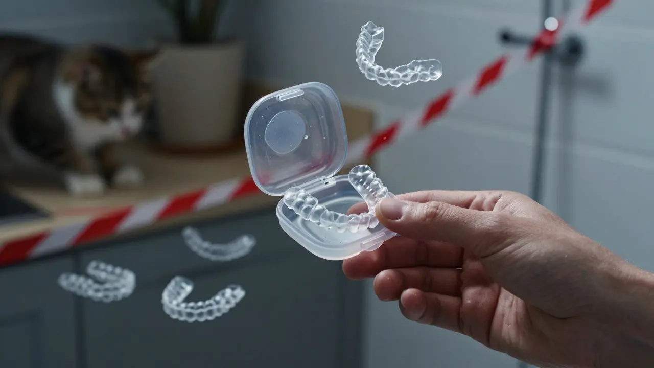 Rukou ukládané rovnátka do krabičky, za nimi chaotické scény zanedbávání.