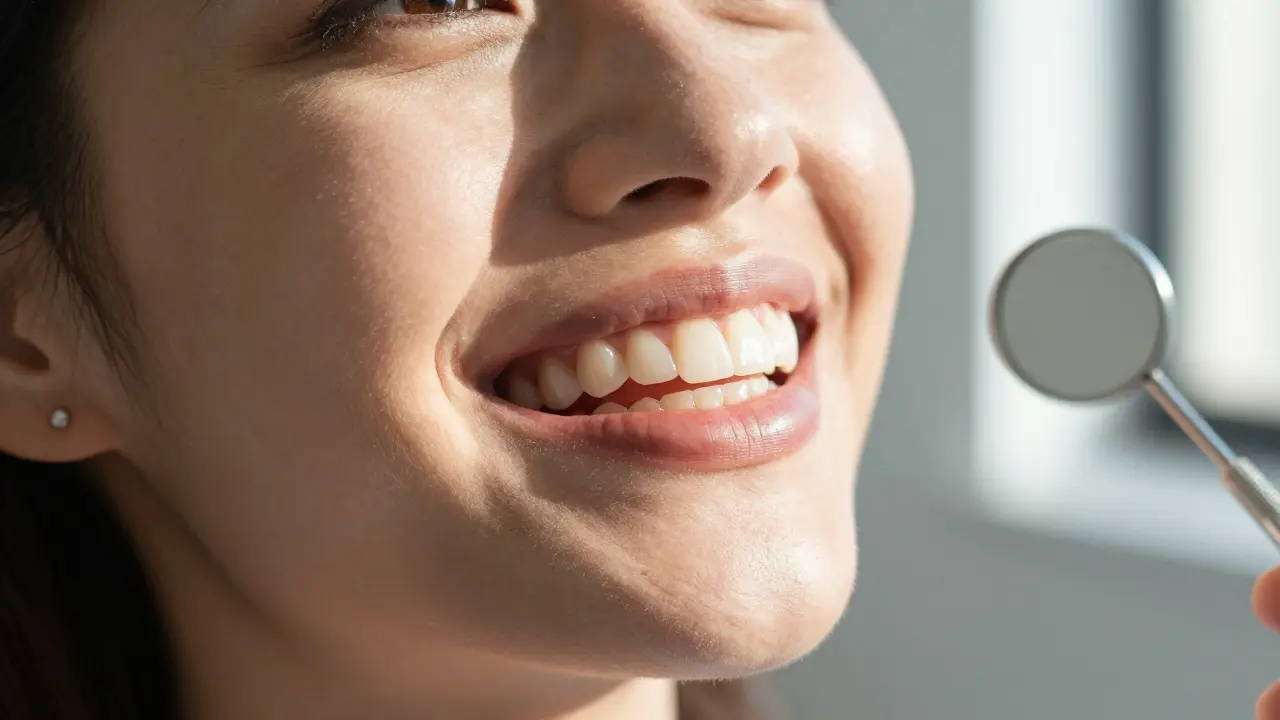 Smiling patient with natural-looking ceramic veneers illuminated by sunlight.