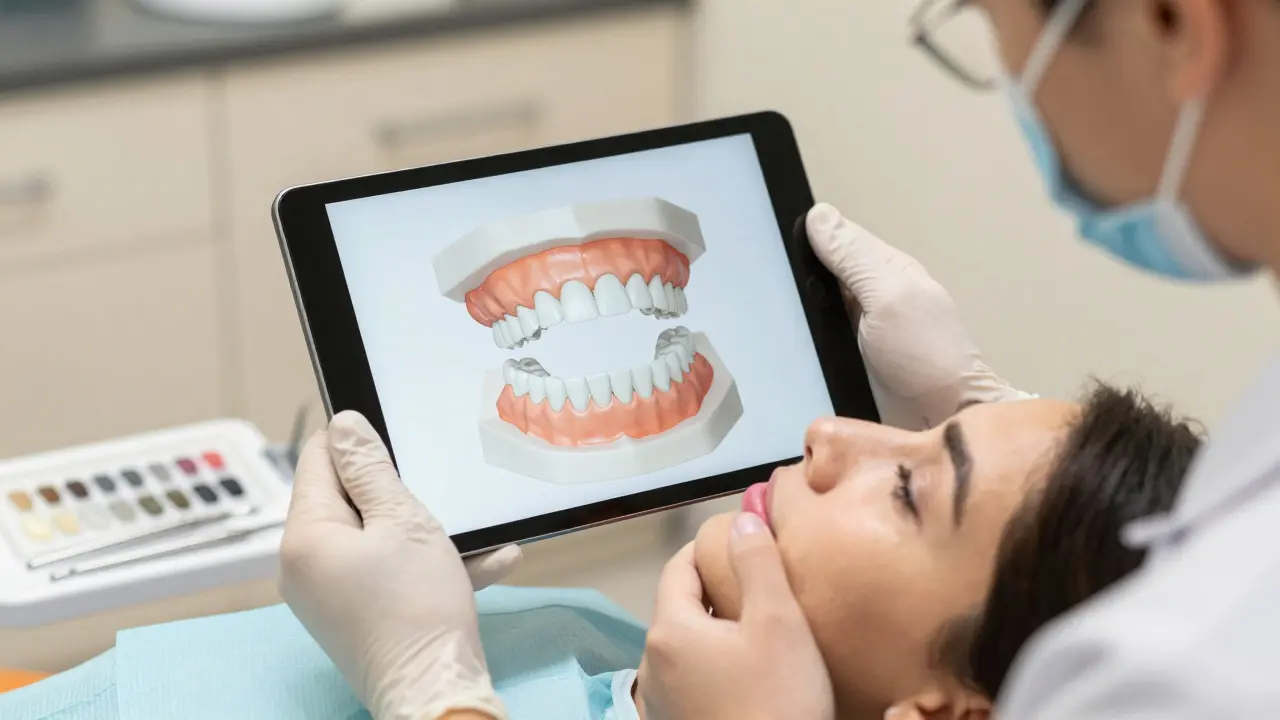 Stomatolog ukazuje pacientovi digitální návrh přizpůsobených zubních fazet.