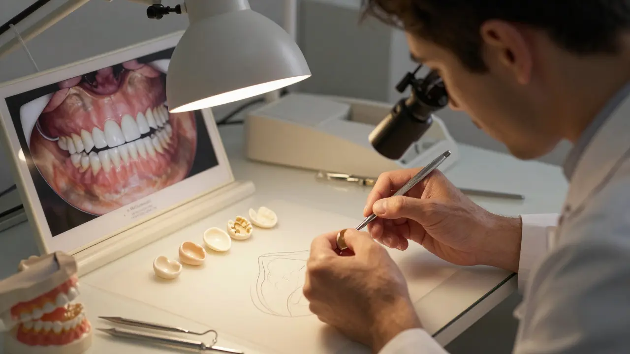Technician crafting custom ceramic veneers in a dental lab with digital scans nearby.