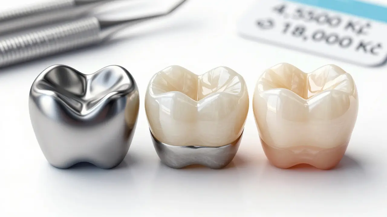 Tři typy zubních korunek vedle sebe: kovová, keramická na kovu a celokeramická zirkonie.