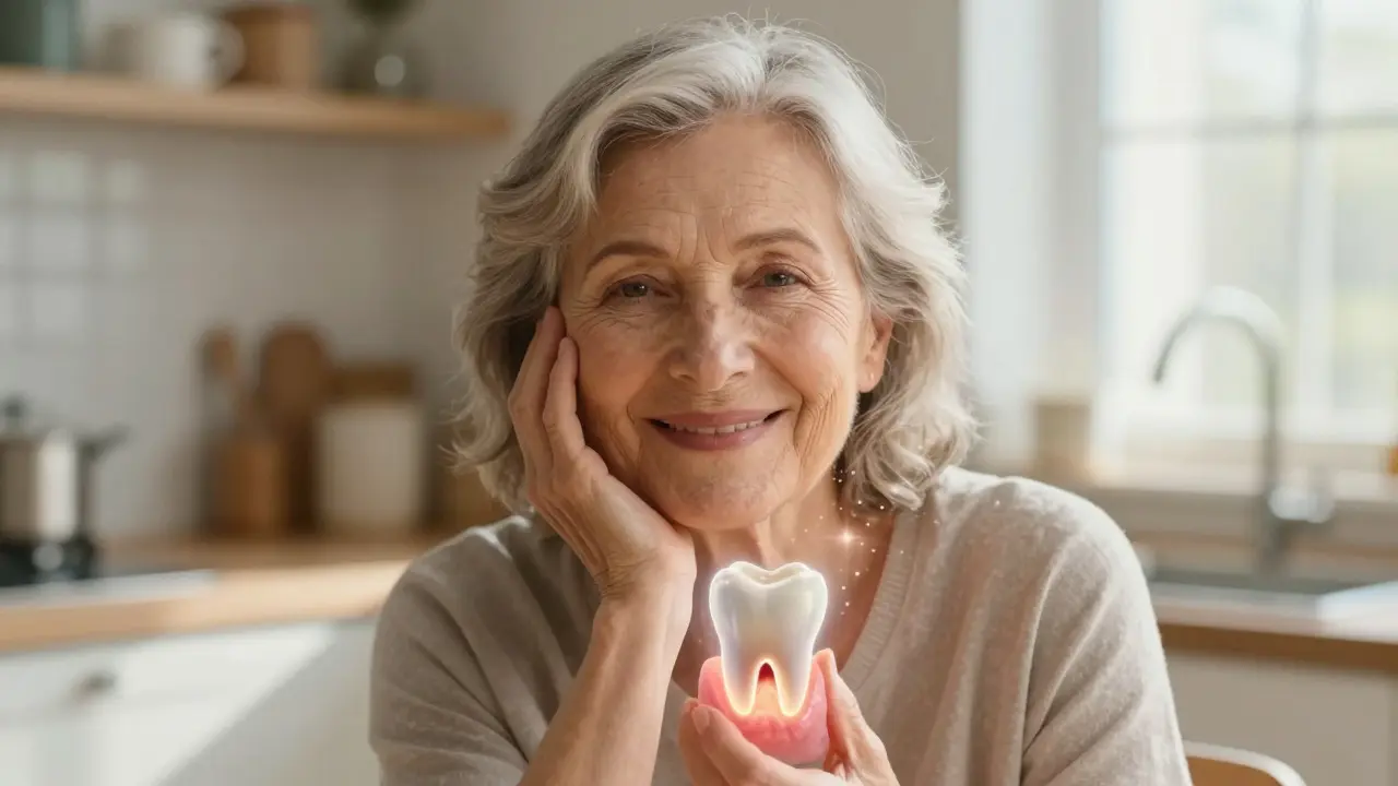 Žena ve věku 47 let se usmívá, zatímco je vidět jemné světlo označující nově vyrůstající zub pod dásní.