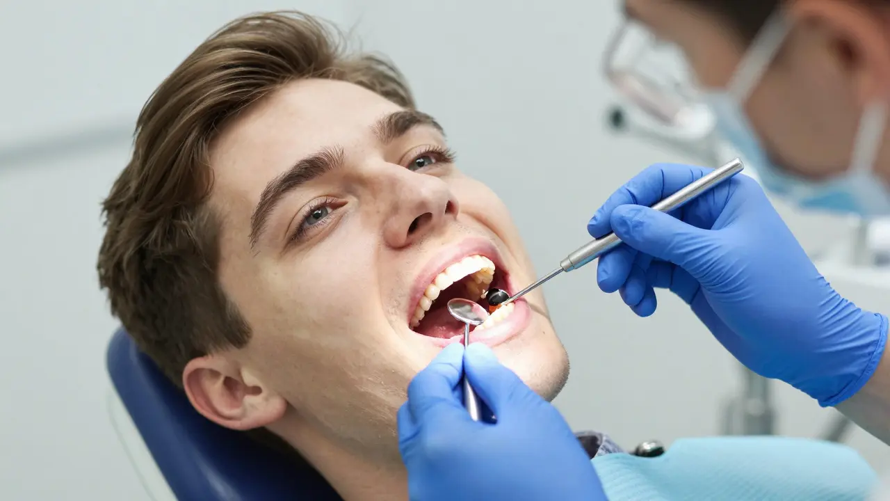 Zubař odstraňuje zubní kámen ze zubu pomocí skalpingového nástroje.