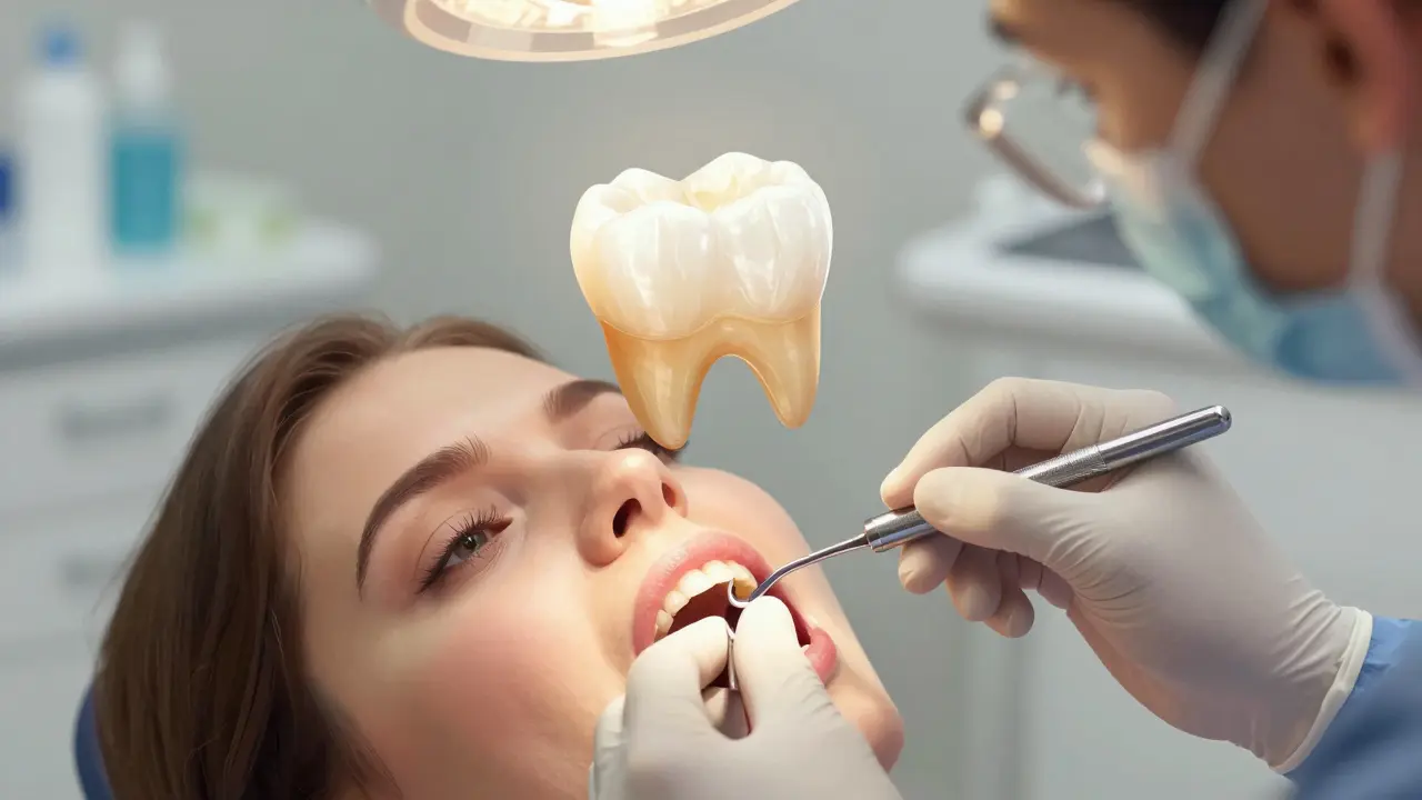 Zubař provádí kořenové ošetření s keramickou korunkou na pozadí