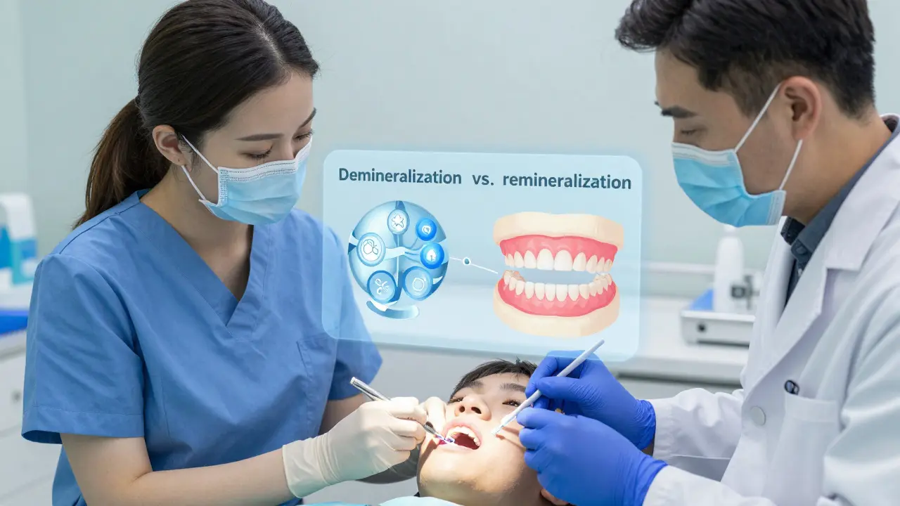 Zubní lékař aplikuje fluoridový lak pacientovi, zatímco vedle se objevuje vizuální přehled obnovy emal