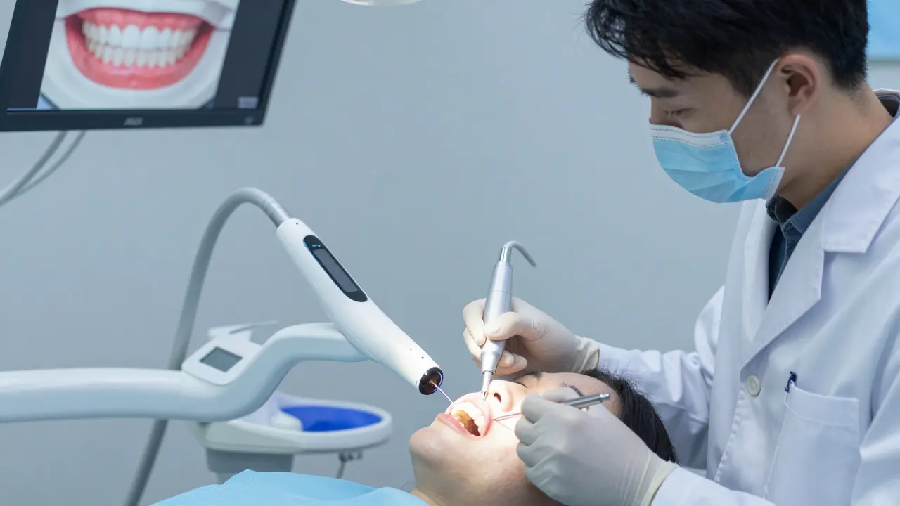 Zubní lékař připevňuje keramickou veneeru na zub v moderní zubní klinice.