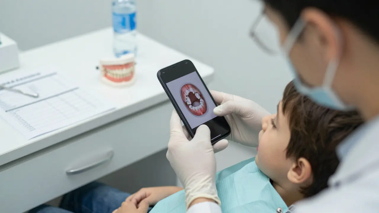 Zubní lékař prohlíží zlomený zub na fotografii, zatímco dítě drží rodičovu ruku.