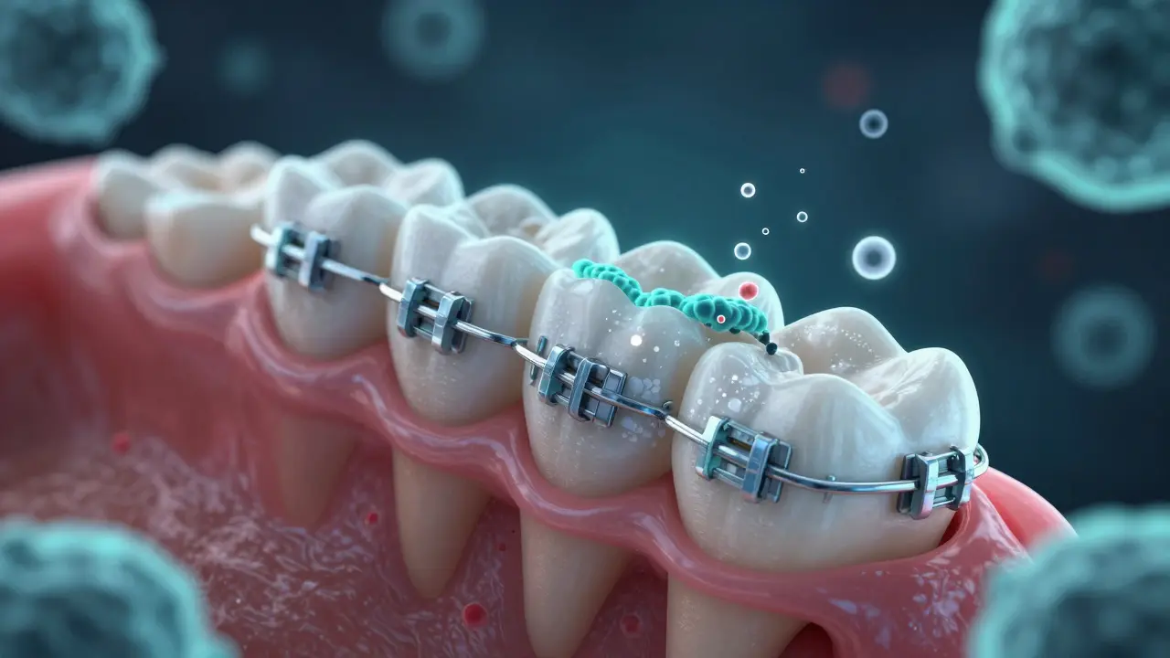 Zvětšený pohled na zub s náležitostí plaku kolem držáků a fluoridovou obnovou emailu.