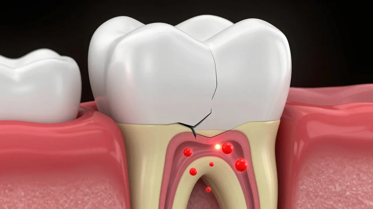 3D ilustrace průřezu zubu s prasklinou v sklovině a odhaleným dentinem.