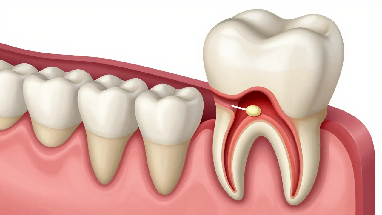 Anatomický průřez zubu s viditelným zánětem pulpy a hnisavým abscesem v kořenu.