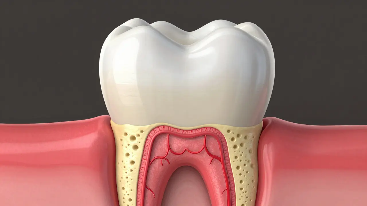 Anatomický řez zubu ukazující sklovinu, dentin a pulpu.