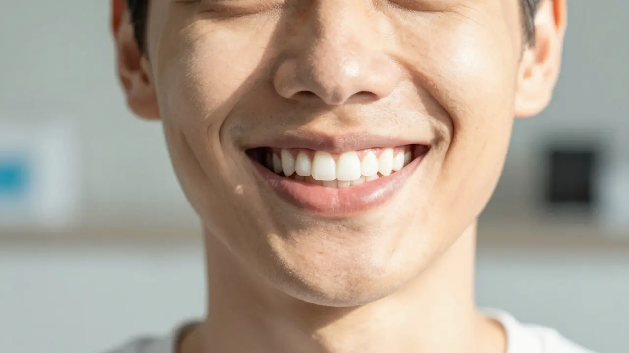 Detail úsměvu člověka s perfektně rovnými a bílými zuby.