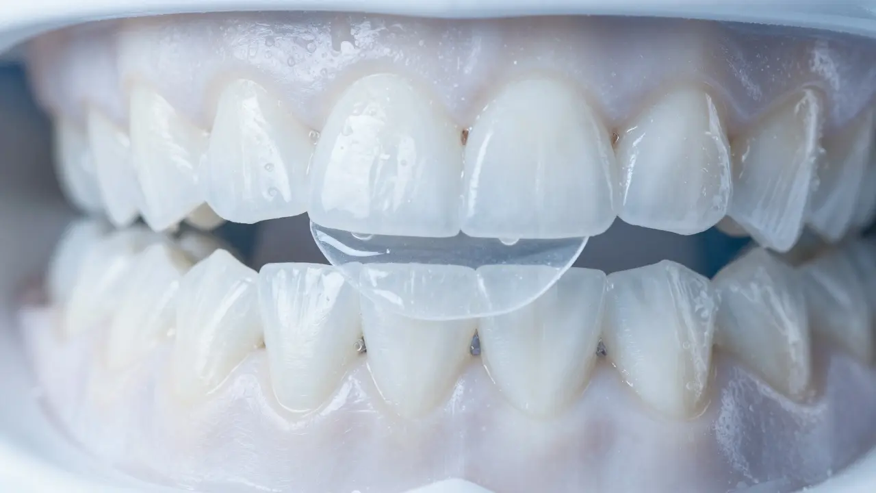 Detailní pohled na aplikaci bělicí pásky na přední zuby.