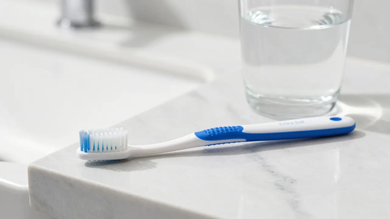 Extra jemný zubní kartáček pro citlivé dásně na mramorovém povrchu.