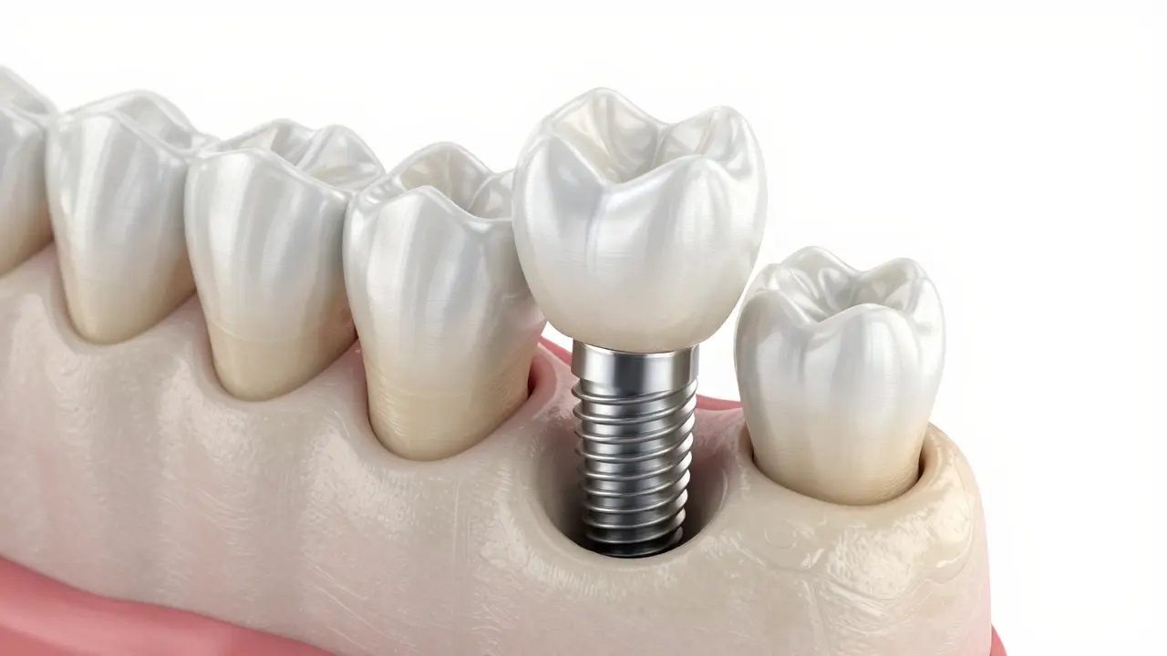 Konceptuální 3D model titanového implantátu s keramickou korunkou