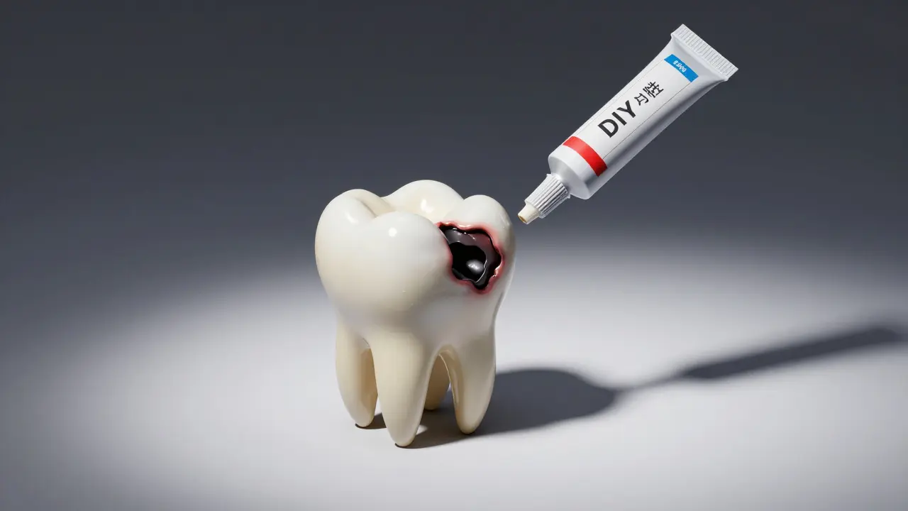 Konceptuální obraz varující před domácím lepením díry v zubu.