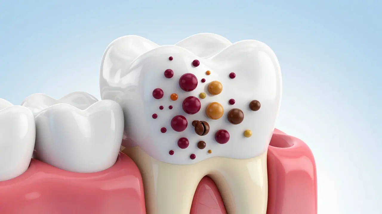 Konceptuální schéma zubu znázornující pronikání pigmentů do skloviny a dentinu.