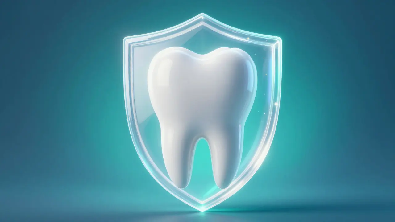 Konceptuální znázornění ochrany zubní skloviny a zdravého úsměvu.