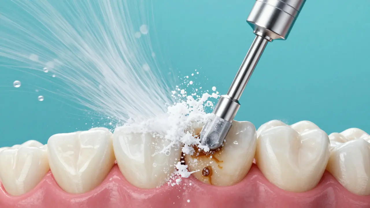 Konceptuální znázornění profesionálního čištění zubů metodou AirFlow.