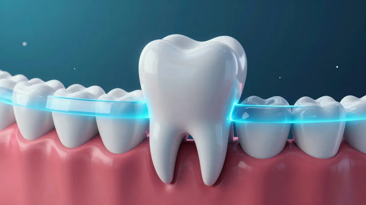 Konceptuální zobrazení hojení dásní a tvorby ochranné bariéry u zubu.