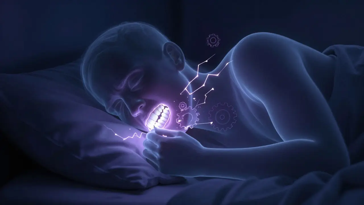 Konceptuální zobrazení nucení čelistí a stresu během spánku.