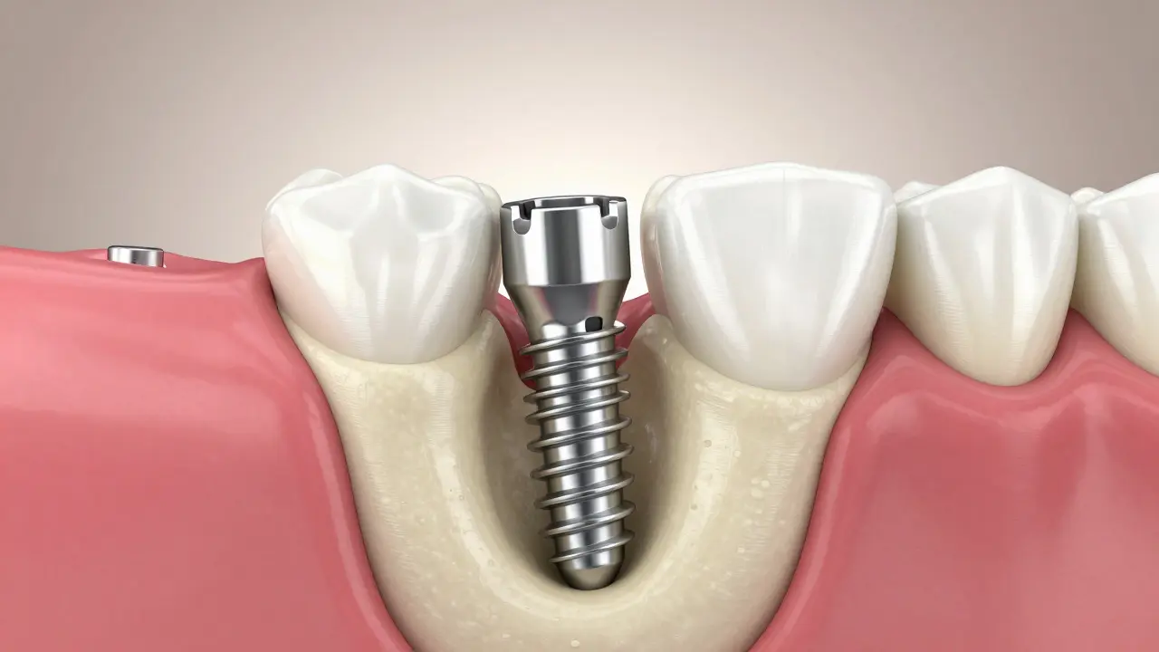 Konceptuální zobrazení titanového implantátu srostlého s kostí čelisti