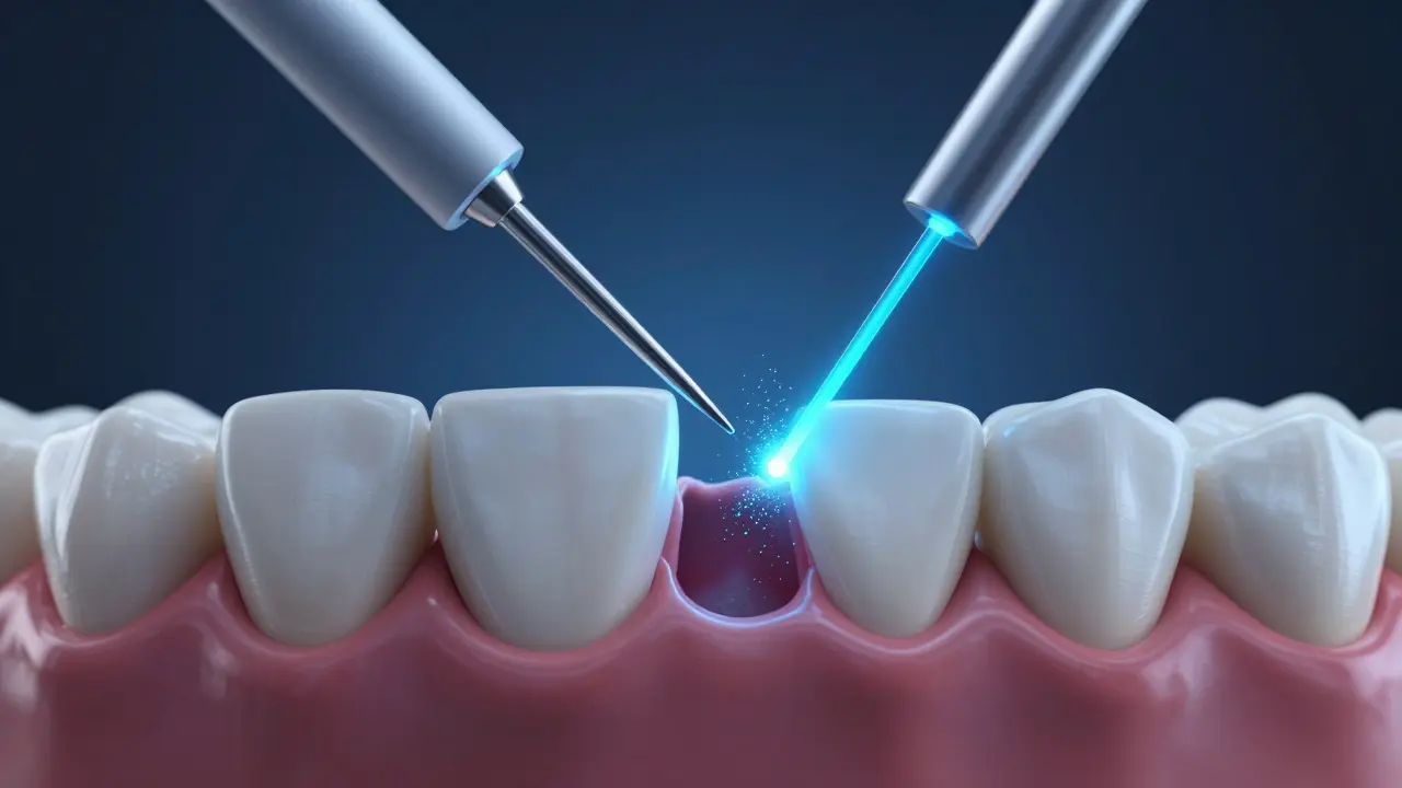 Laserová terapie dásní pro jemné odstranění bakterií z hlubokých vakuů.