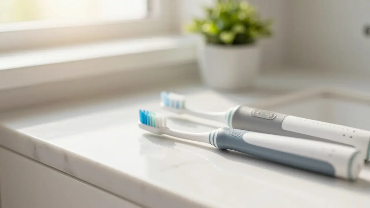 Mezizubní kartáčky a elektrický kartáček na mramorovém povrchu