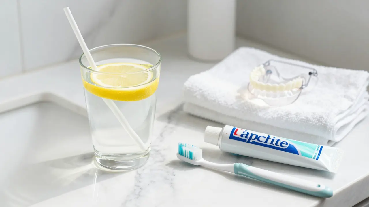 Prevence rozpadu zubů: dlabka, fluoridová pasta a voda s citronem.