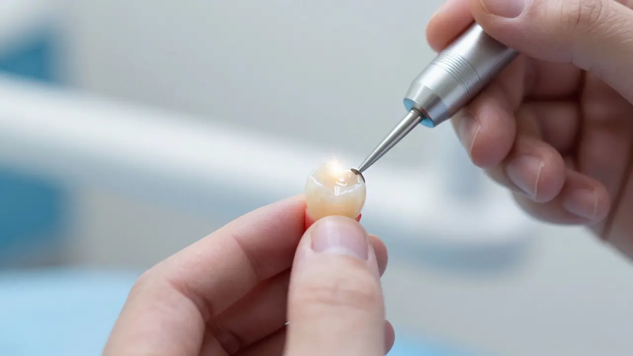 Profesionální leštění kompozitní fazety v zubní ordinaci pro vysoký lesk.