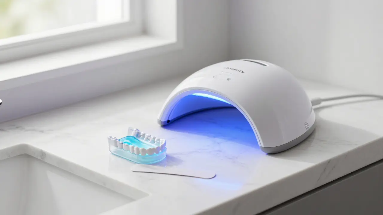 Sada pro domácí bělení zubů s LED lampou a gely na mramorovém stole.