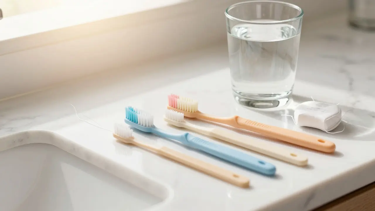 Sada pro domácí prevenci: měkký kartáček, mezizubní jehličky a dentální nit.