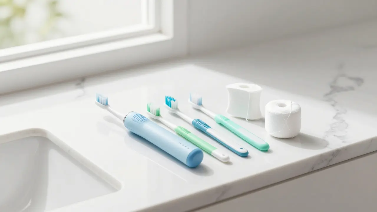 Sada pro mezizubní čištění včetně sonického kartáčku a mezizubních kartáčků.