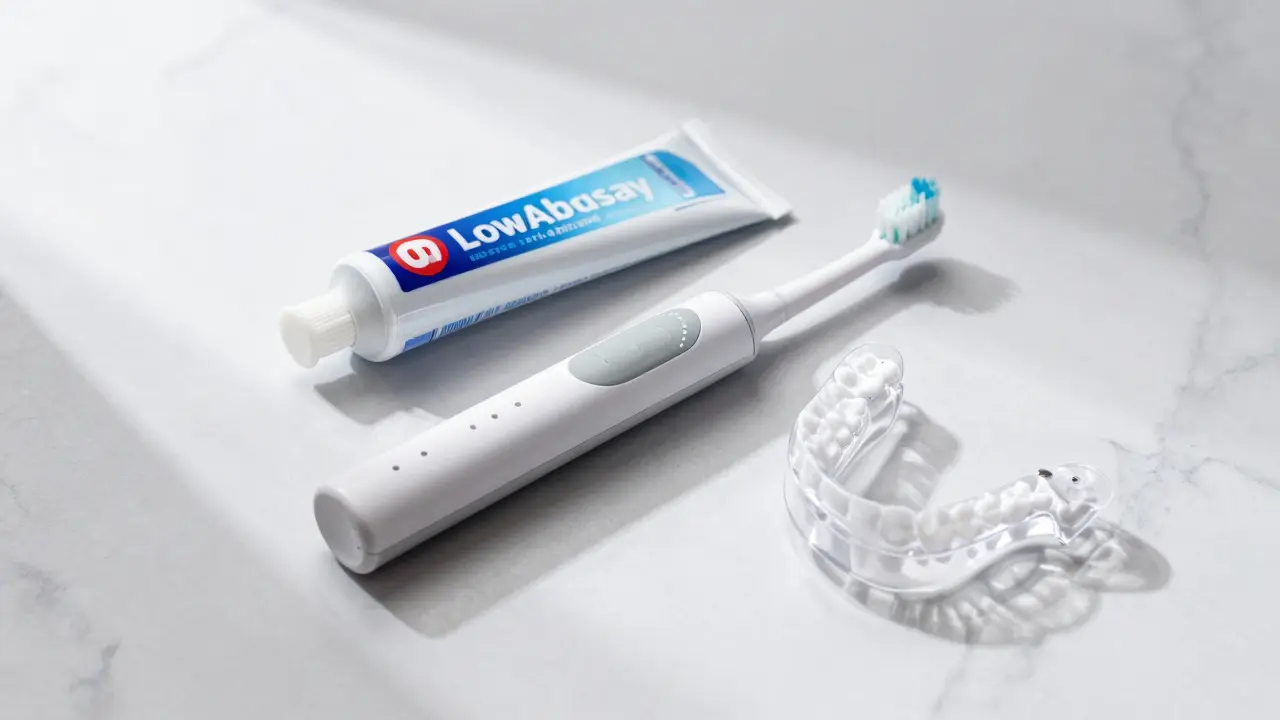 Sada pro péči o zuby: jemný elektrický kartáček, pasta a noční chránič.