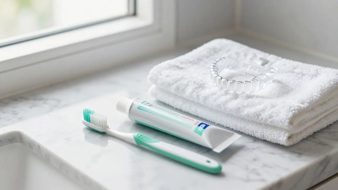 Sada pro prevenci zubů s měkkým kartáčkem, pastou a noční dlahou.