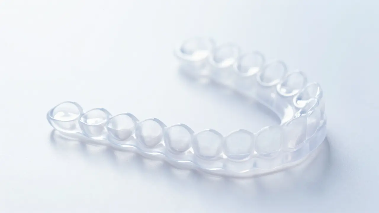 Série průhledných alignerů uspořádaných v oblouku na bílém povrchu