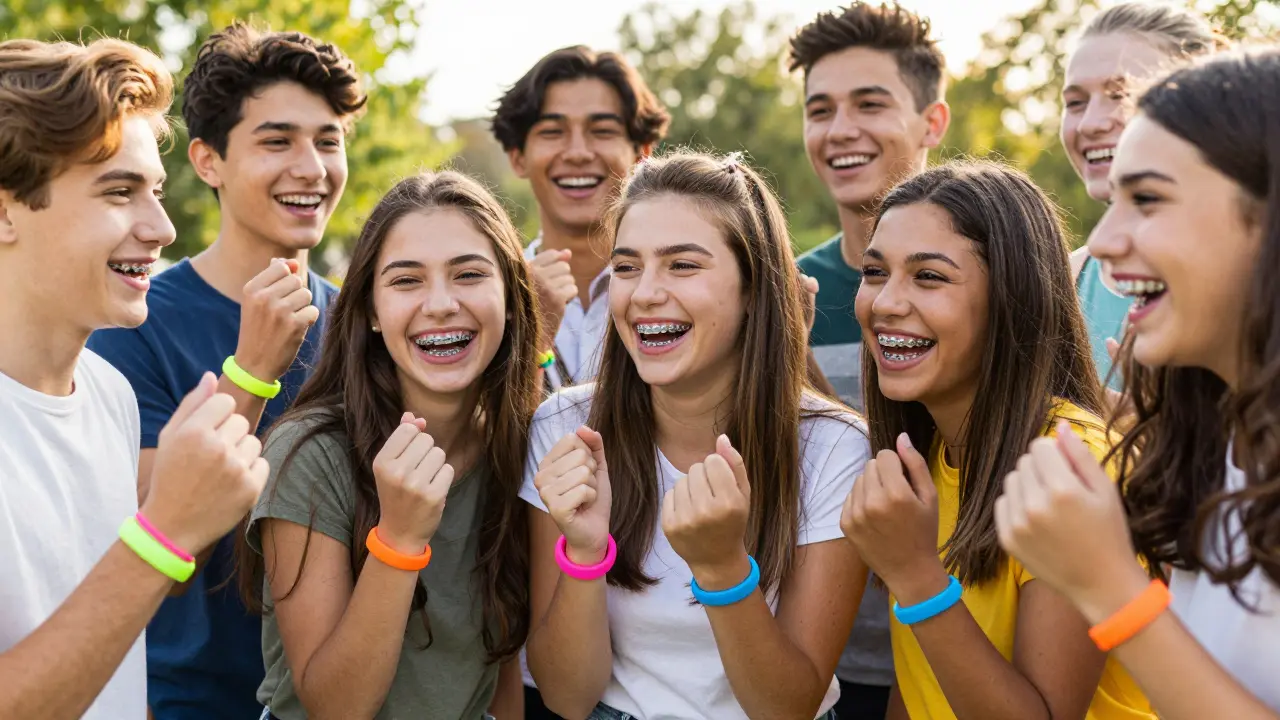 Skupina usmívajících se teenagerů s barevnými gumičkami na kovovém rovnátku.