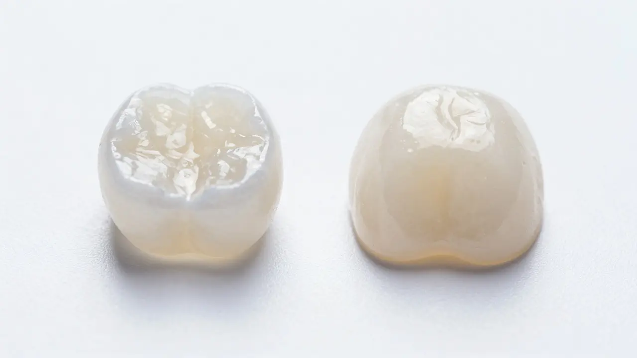 Srovnání porcelánové a kompozitní dentální fasety na bílém podkladu