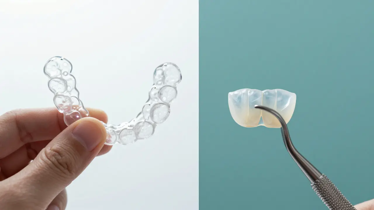 Srovnání průhledného aligeru a tenké keramické fazety v klinickém prostředí.