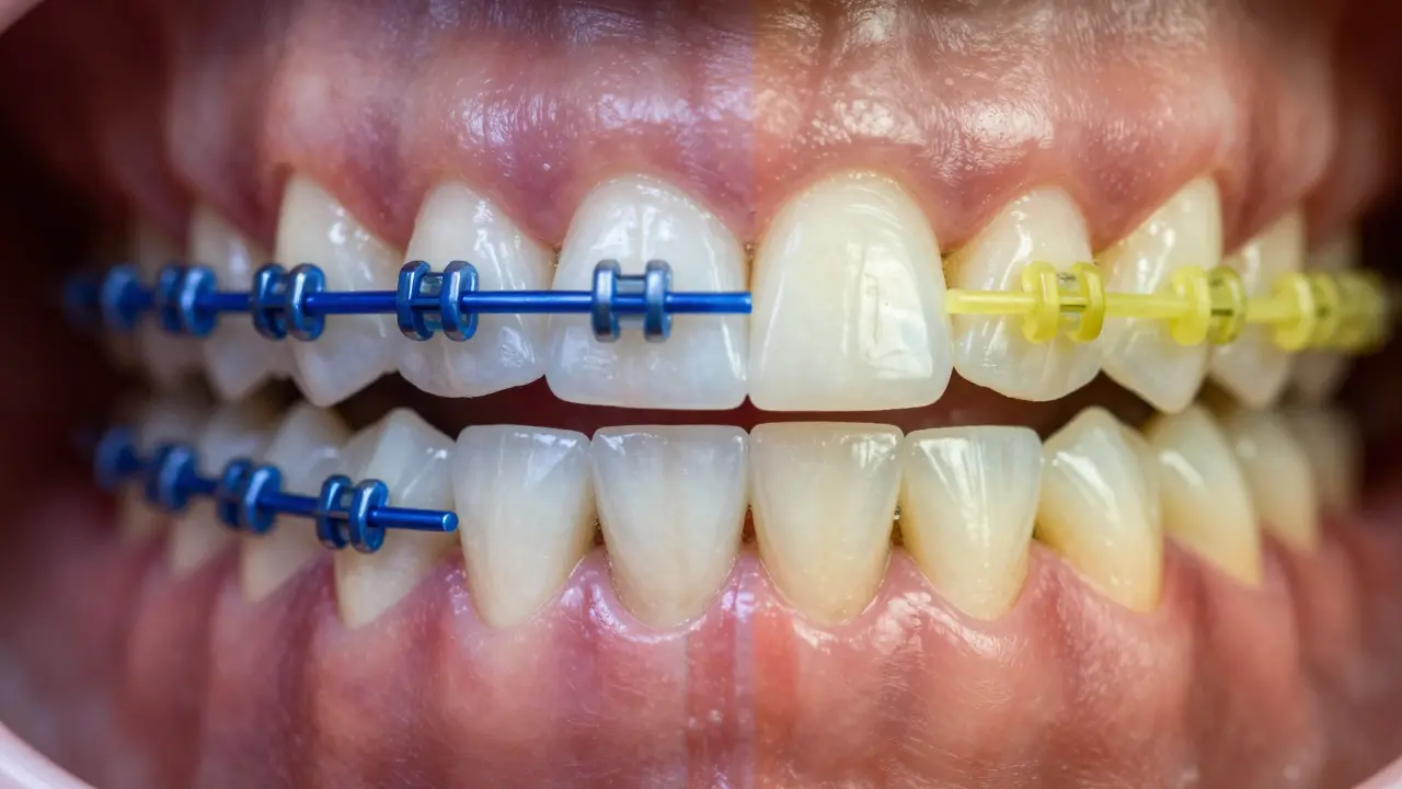 Srovnání tmavě modrých gumiček, které opticky zybělují zuby, se světlými tóny.