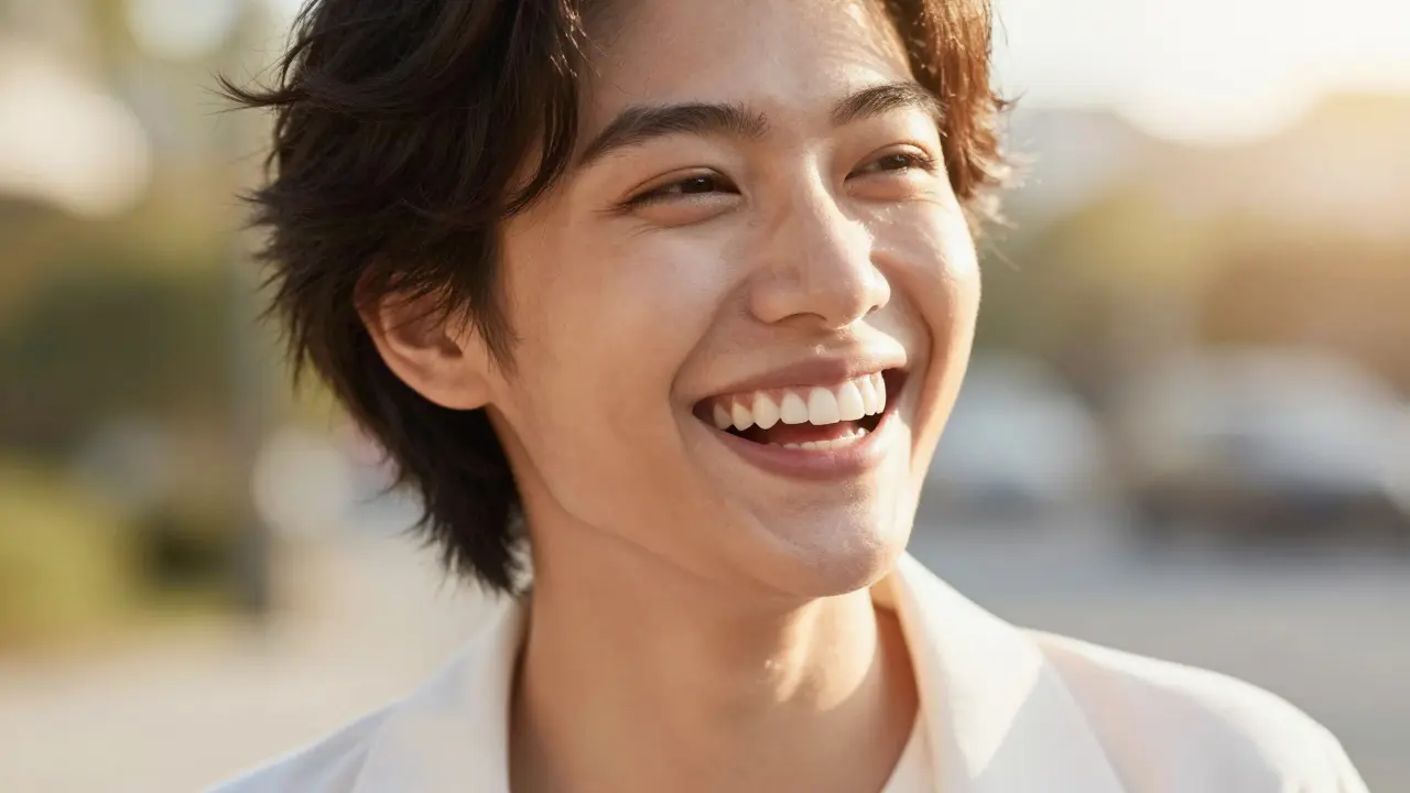 Šťastná osoba s dokonalým a zářivým úsměvem