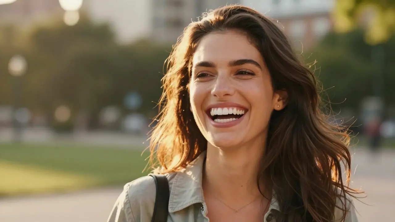 Úsměv sebevědomé ženy po úspěšném estetickém ošetření zubů