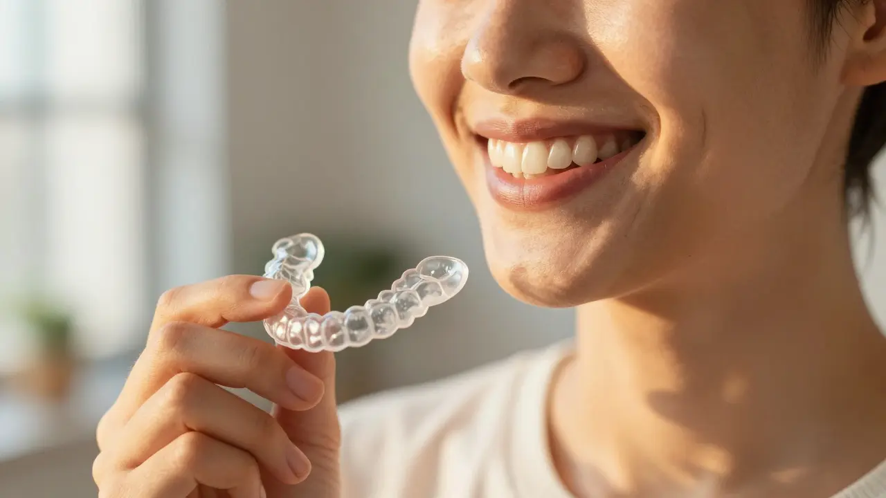 Usmívající se člověk s rovnými zuby a pouzdrem na retener