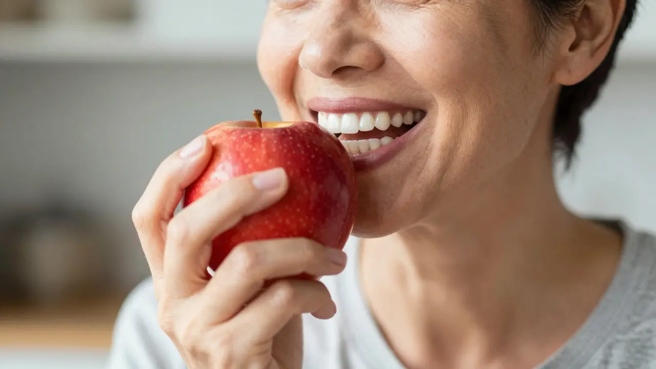 Usmívající se osoba s novým úsměvem držící červené jablko