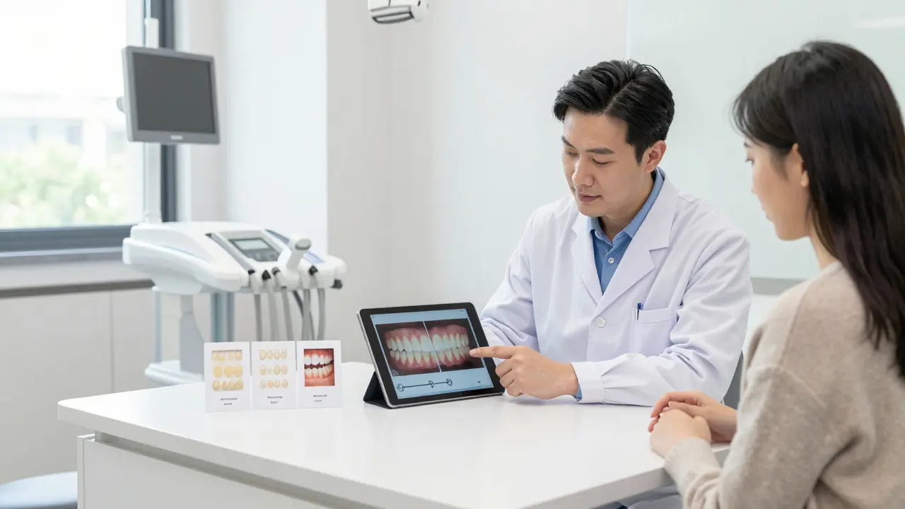 Zubař ukazuje pacientce možnosti léčby na tabletu v ordinaci
