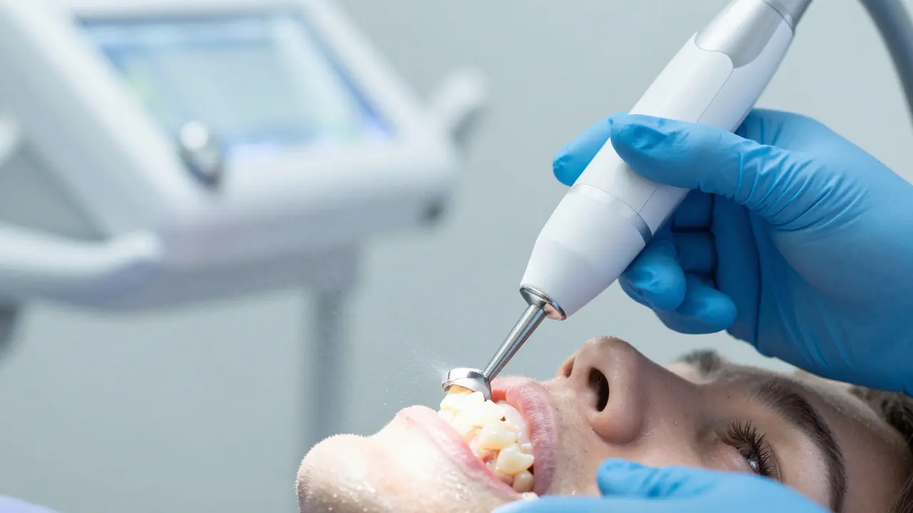 Zubní hygienička používající ultrazvukový přístroj k odstranění zubního kamene.