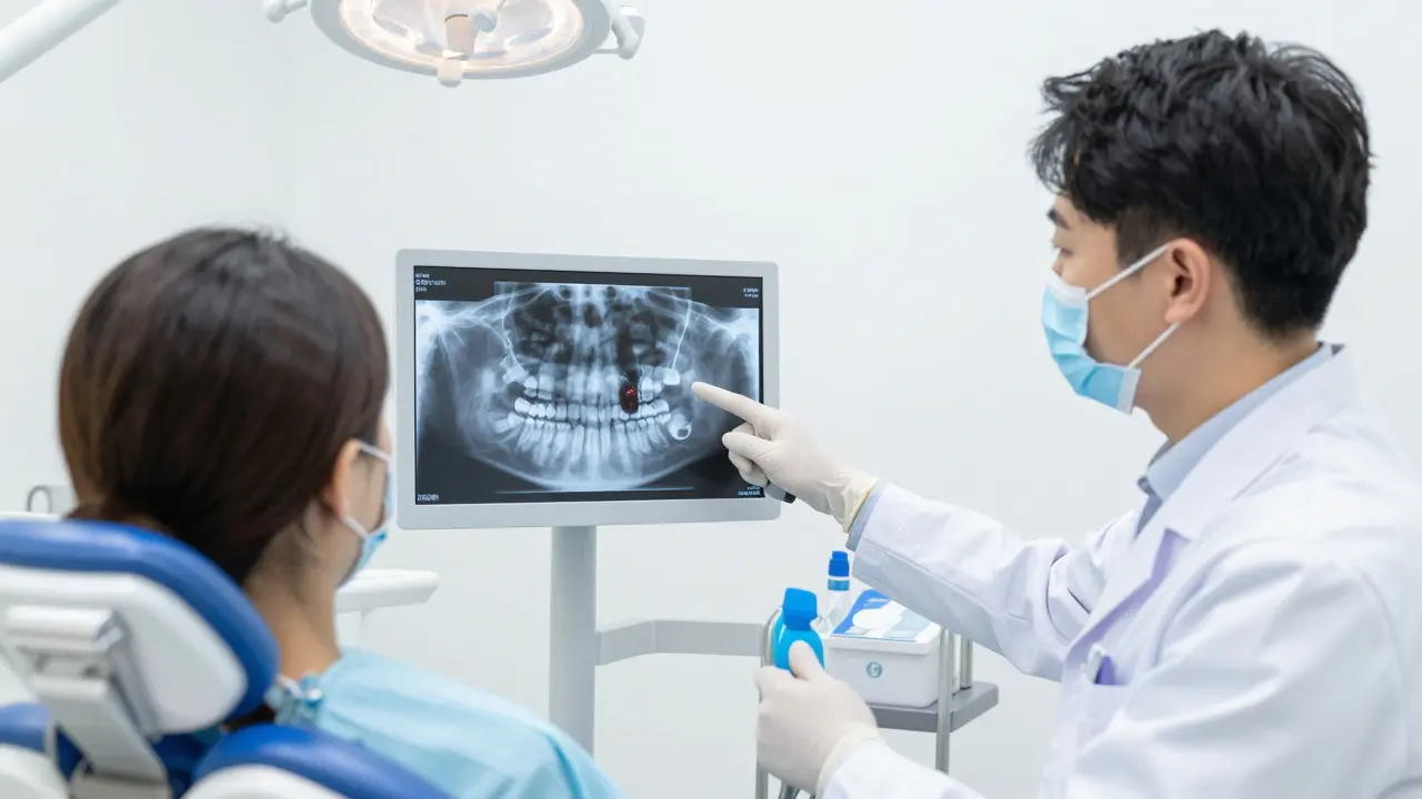 Zubní lékař ukazuje pacientovi rentgen zubu v moderní ordinaci.