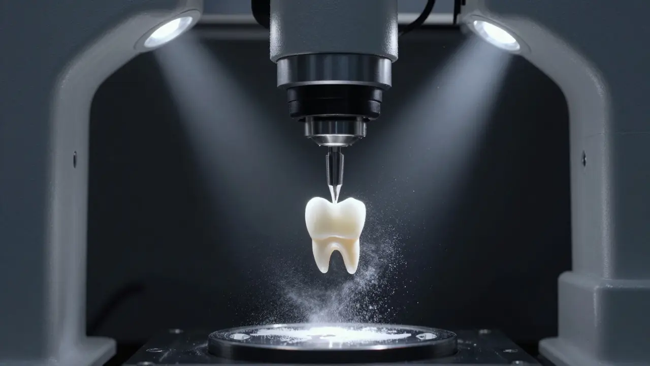 CAD/CAM stroj frézuje keramickou zubní fazetu z bloku materiálu