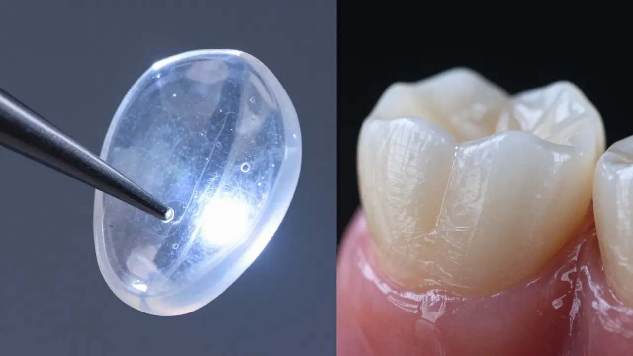 Detail keramické fazety a přirozeného zubu v makro záběru